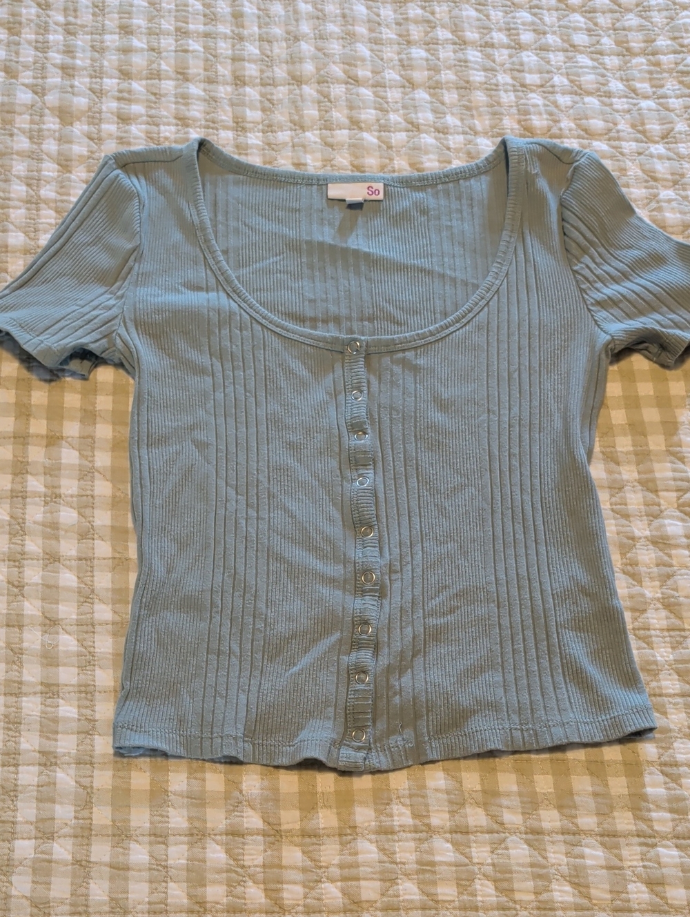 SO Ribbed Scoop Neck Button-Front Top in Light Blue